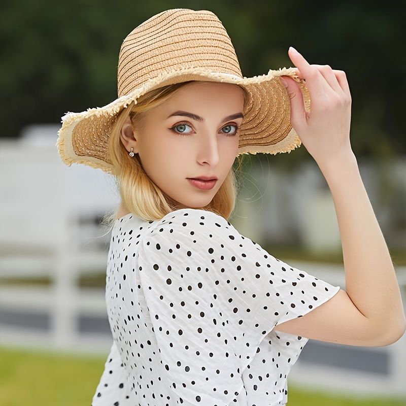 Khaki Frayed Sun Hat Wide Brim Beach Travel Straw Hat French Style Elegant  Women Easter Hats | Check Out Today's Deals Now | Temu