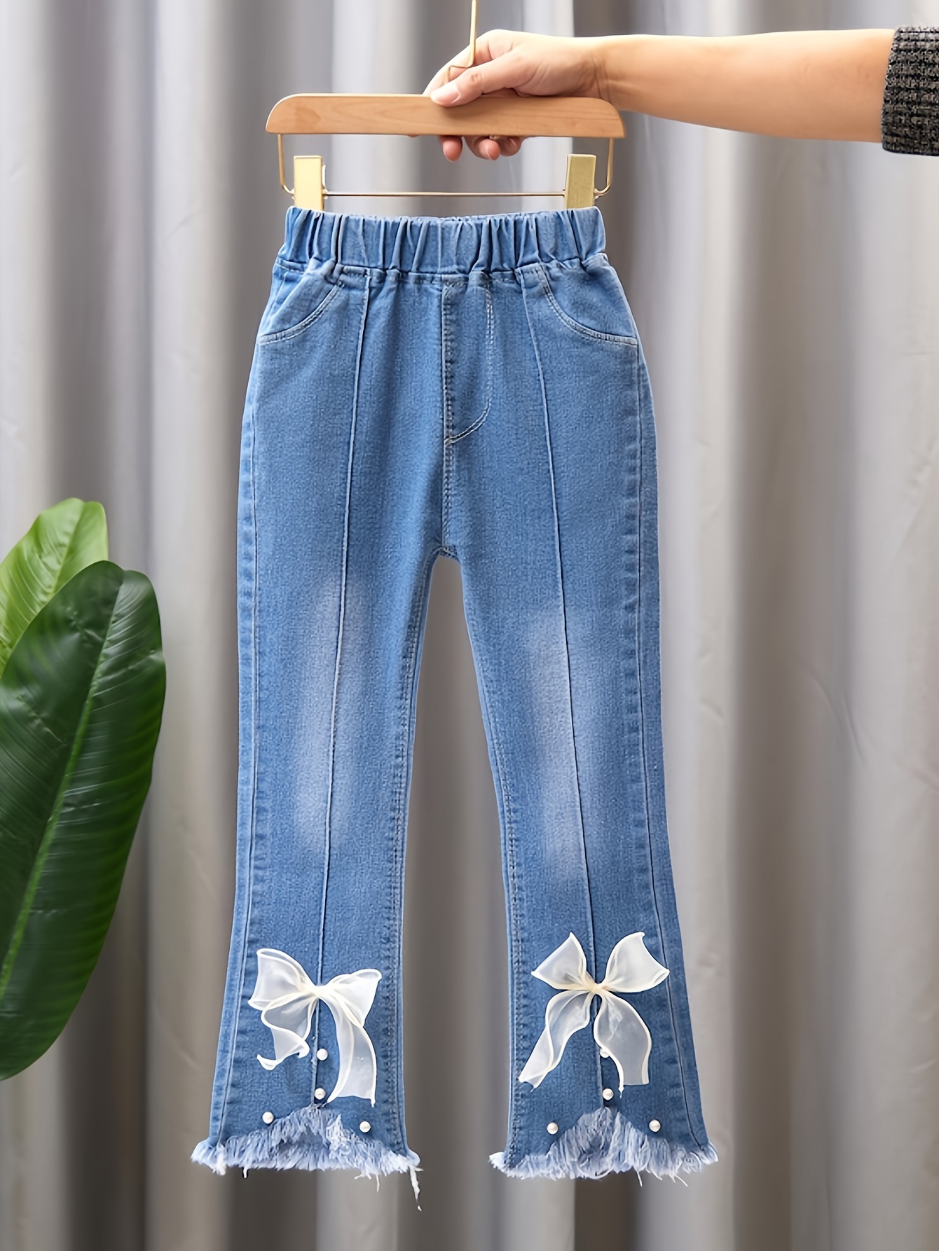 Kids Girls Bootcut Lace Bowknot Details Pull-on Jeans, Casual Cute Flare  Pants For All Seasons Outwear