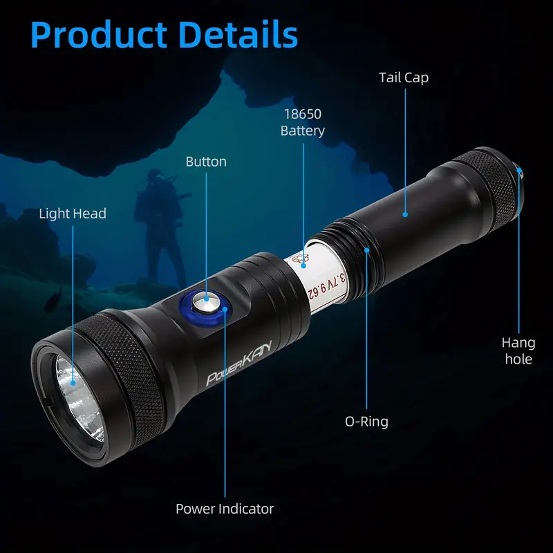 portable handheld flashlight, portable handheld flashlight submersible flashlight 1300 lumens waterproof to 100 meters underwater xpl hi led includes diving stand with rechargeable battery suitable for deep sea underwater outdoor leisure camping hiking details 1