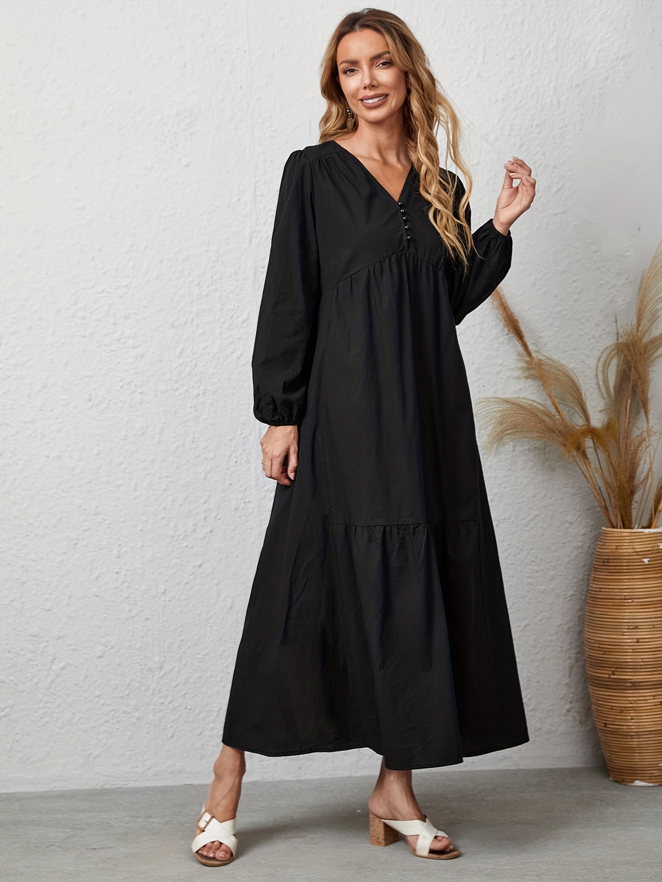 tiered lantern sleeve dress casual v neck solid maxi dress womens clothing
