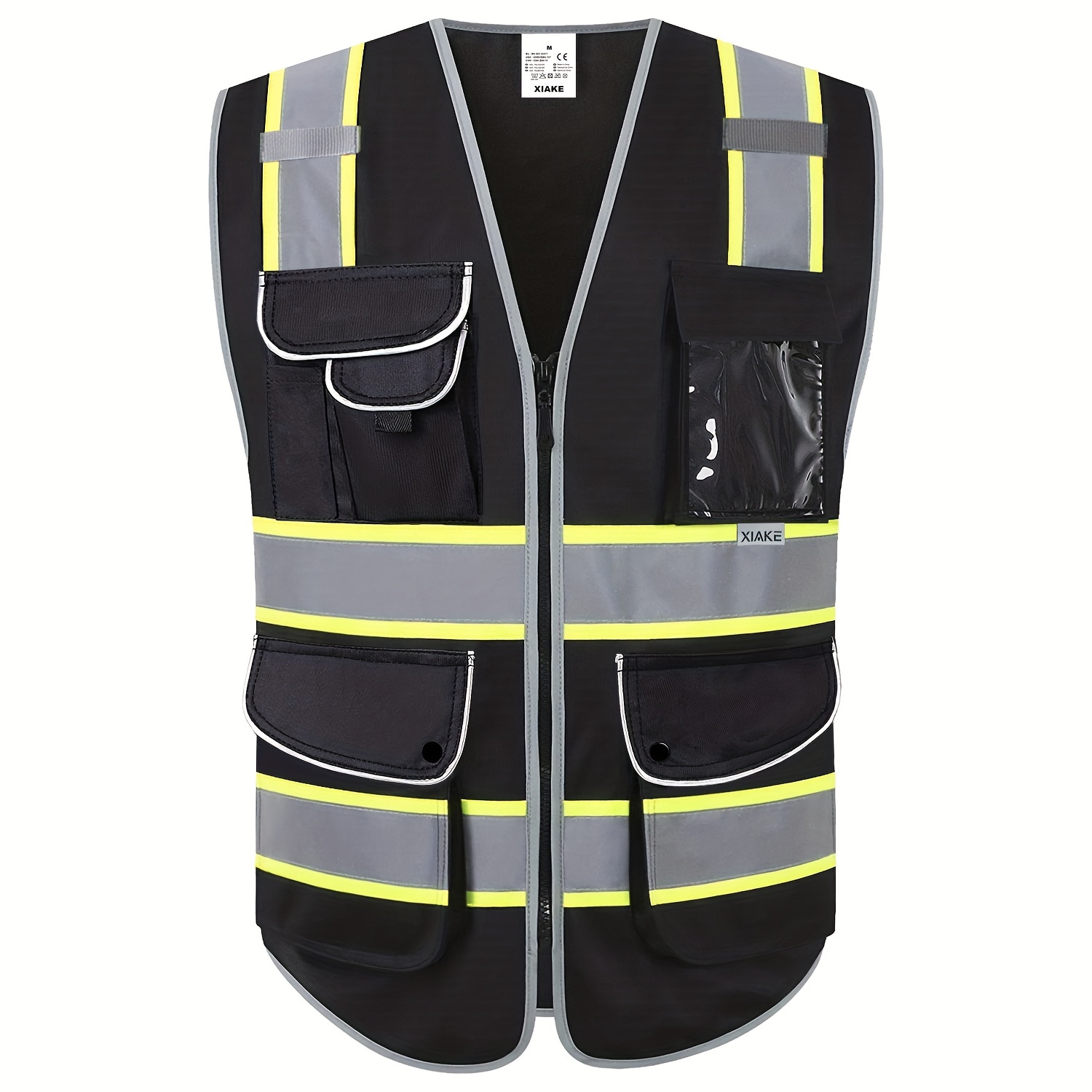 9 Pockets Hi vis Black Safety Vest Fluorescent Yellow Strips - Temu