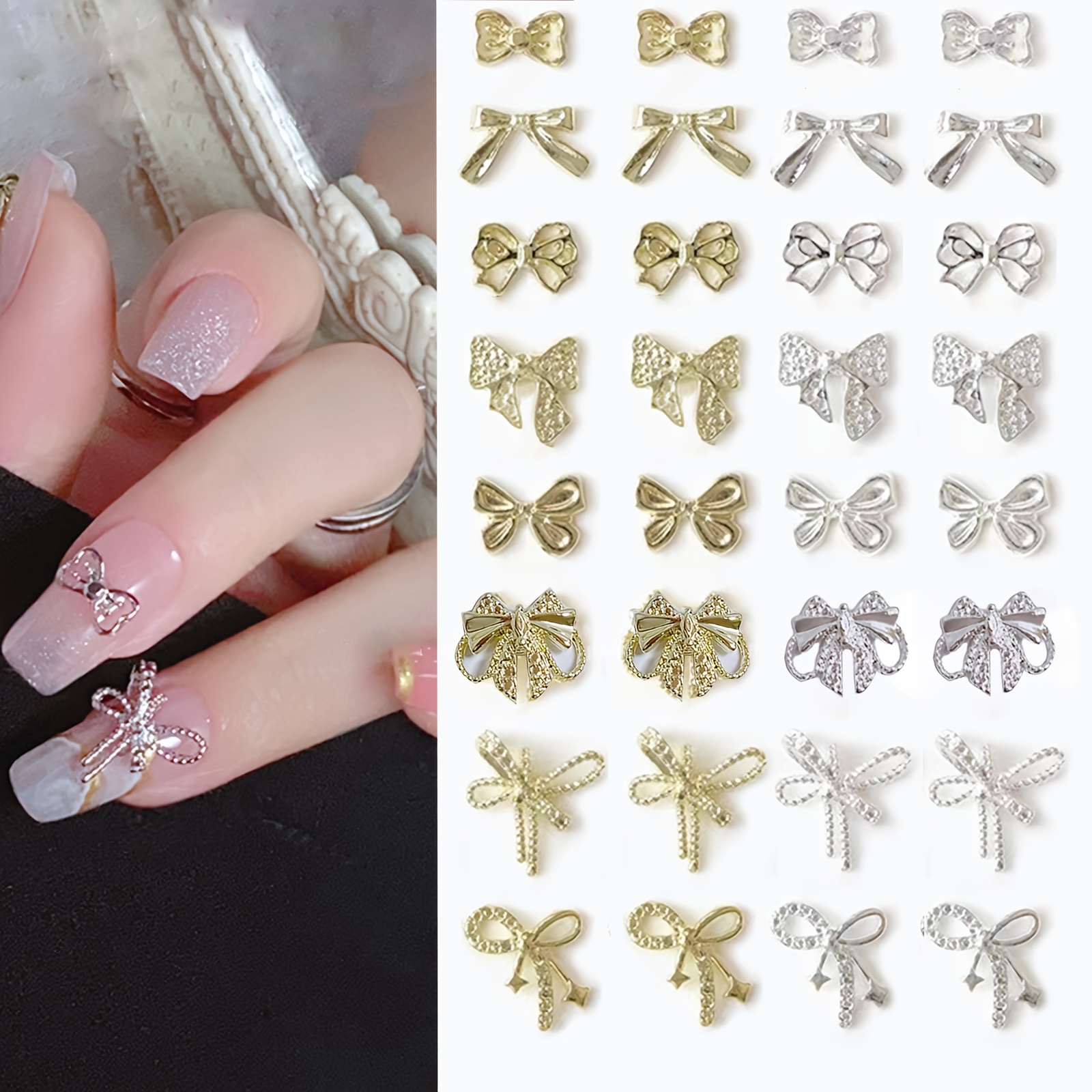 ONEUPIN 24pcs 3D Alloy Heart Nail Charms, 3 Styles Gold Nail Charms for Acrylic Nails in Half Heart Shape, Nail Rhinestones Accessories Jewelry for Women