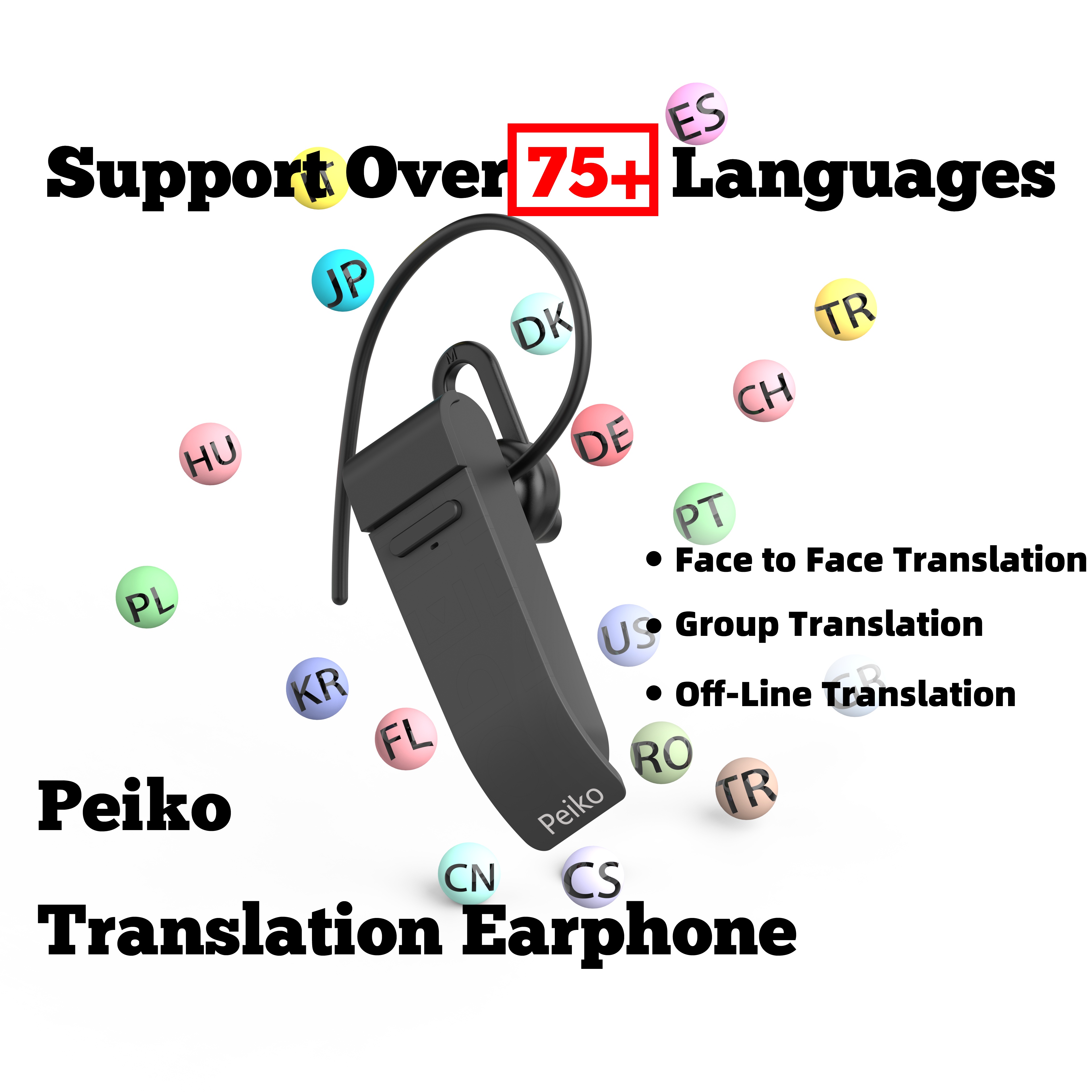 PEIKO Language Translator Smart Single Earbud Supports 32 Language Online Real Time Voice Translator BT Wireless Earphone Handsfree Earpiece For Phone With IPhone Android Suitable For Travel