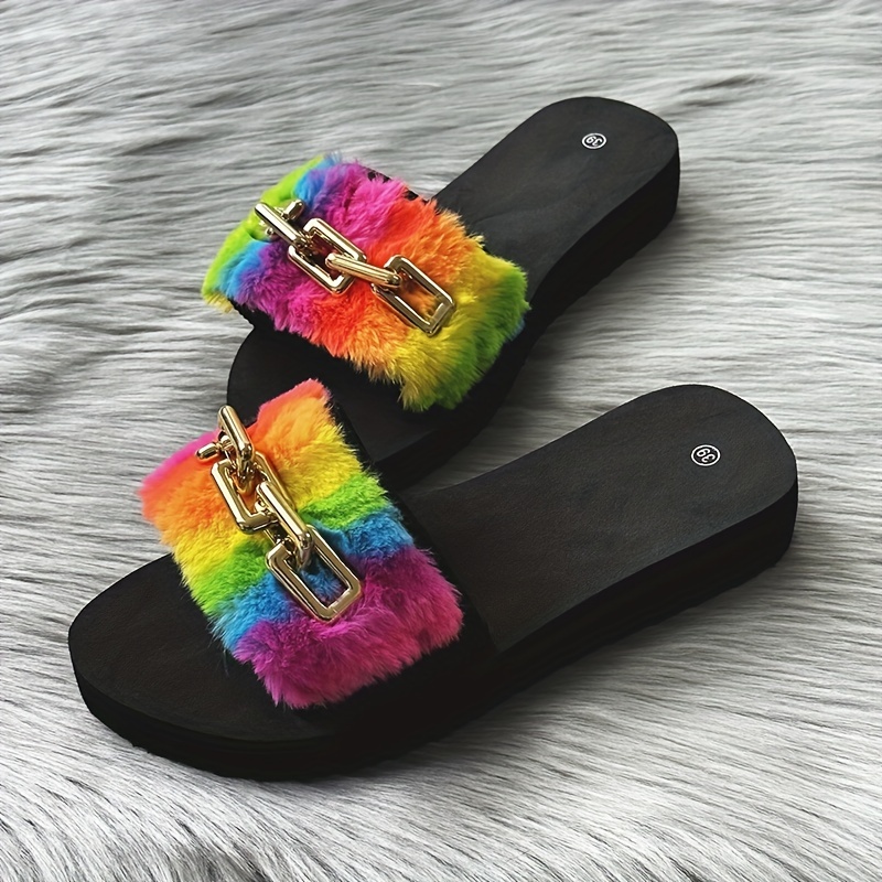 Rainbow fur clearance slide sandals