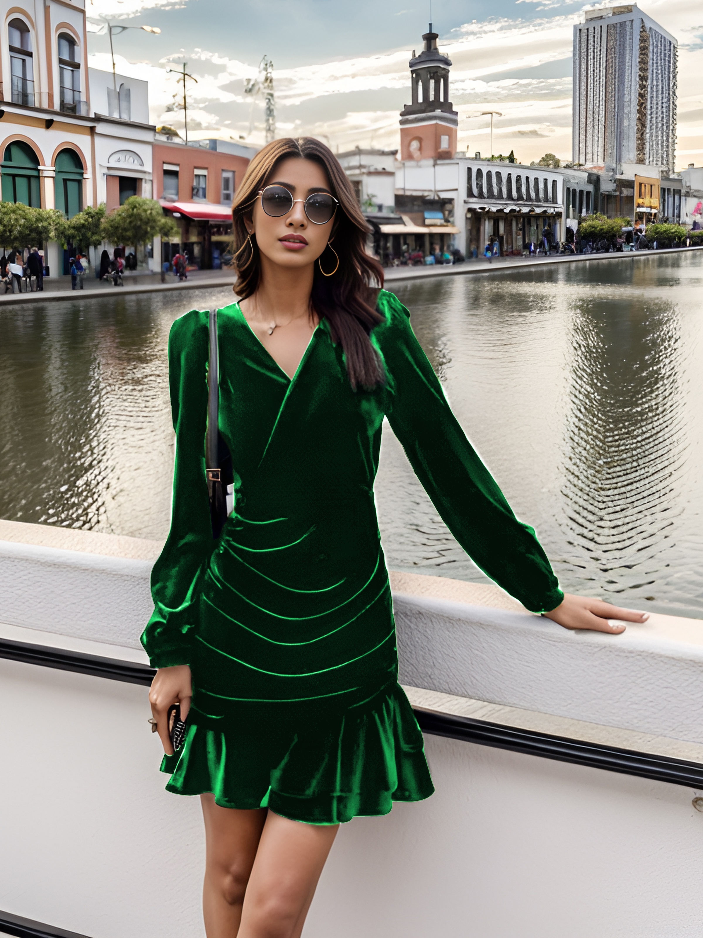 The Green Long Sleeve Velvet Mini Dress - Women's Green Velvet Long Sleeve  Mini Dress, Ruffle Hem - Dark Green - Dresses