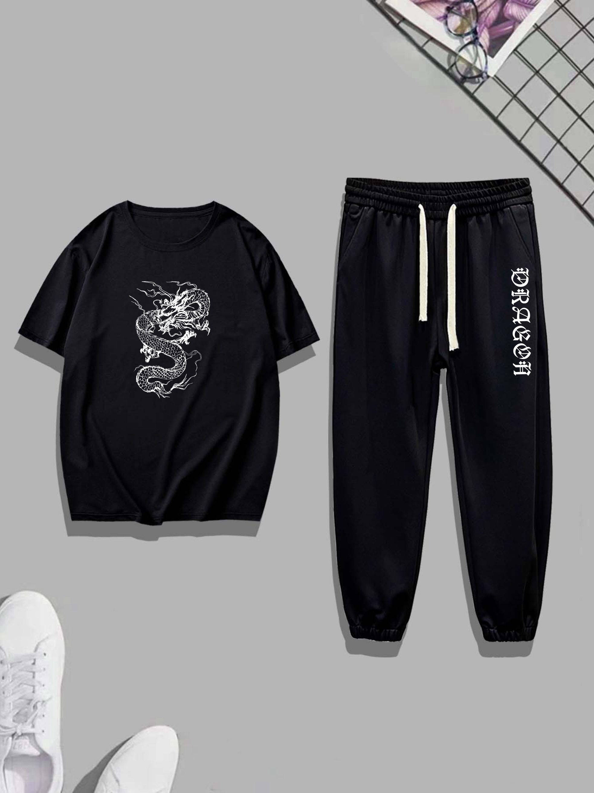 Dragon Print Drawstring Sweatpants Loose Fit Pants Men's - Temu