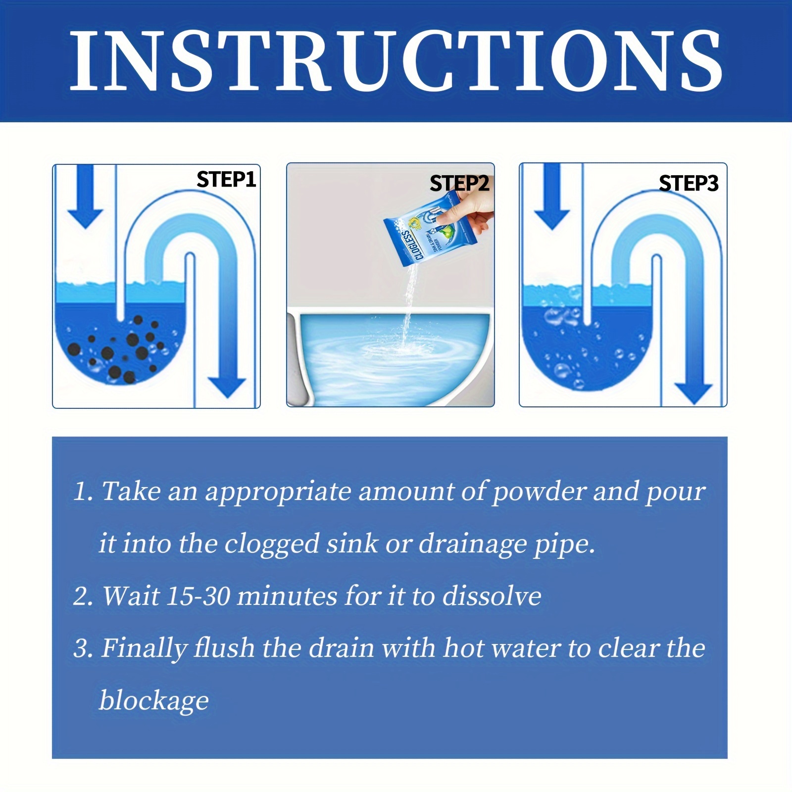 Strong Drain Unclogging Powder - Essential Tool for Motorhomes & Homes - Removes Grease, Hair, Soap Scum & Debris - Quick & Efficient Pipe Cleaning Solution for Toilets, Kitchens & More RV Sewer Chemicals & Cleaners