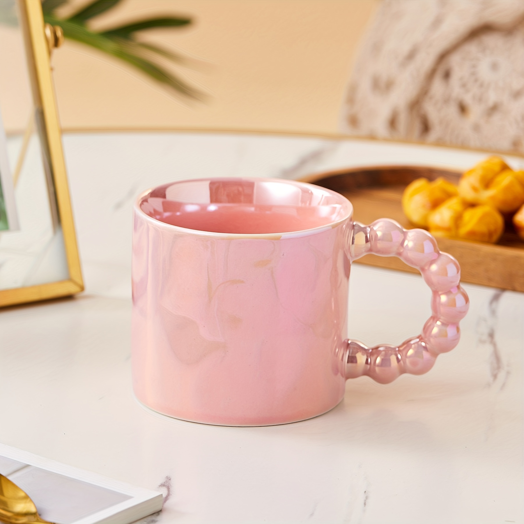 1pc American Style Iced Coffee Mug, Pink Ceramic Cup With Coffee