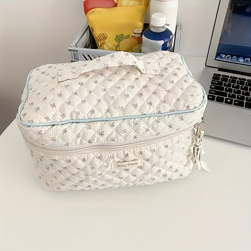 Zeyune 2 Pcs Cotton Quilted Makeup Bag Large Travel Coquette Bag
