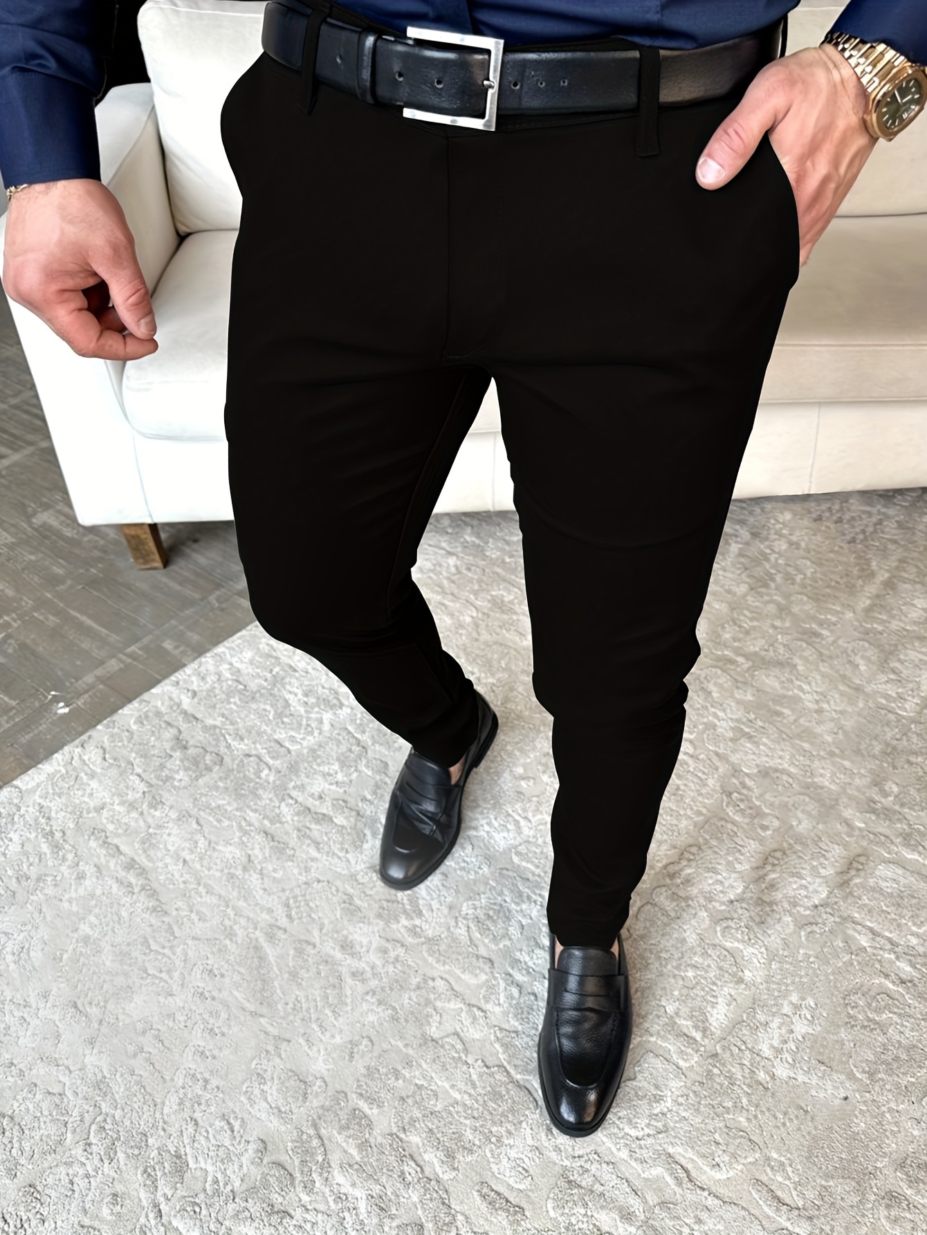 Custom European Style Elastic Waist Black Straight Fashion Men