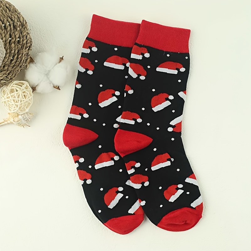 

Men's Trendy Cartoon Christmas Hat Pattern Crew Socks, Cotton Breathable Comfy Casual Unisex Socks For Men's Outdoor Wearing All Wearing