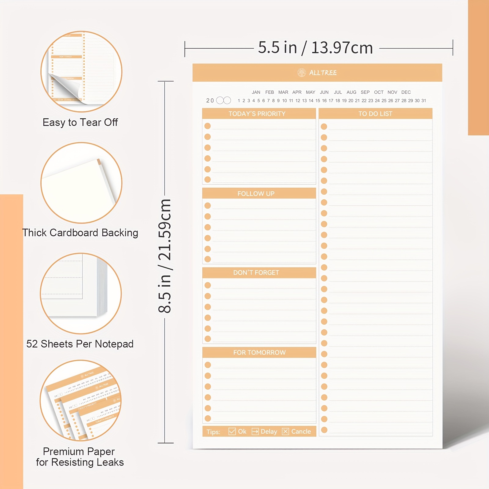 Daily To Do List Notepad, Daily Planner Notepad Undated With 52 Sheet,  Appointment Book For Top Priorities, Meeting, Follow Up, Notes,  5.5x8.5inch/13.