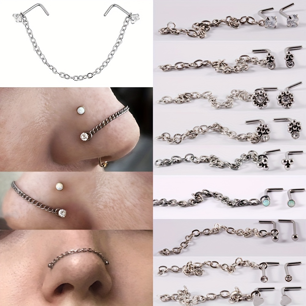 Nose Ring Nose Chain Piercing Across Double Nose Stud Chain Jewelry CZ Heart Ball L Shaped Stainless Steel Nose Piercing Stud Nostril Jewelry for