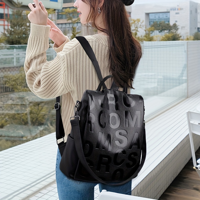 classic letter embossed backpack solid color trendy travel rucksack womens all match bag details 2