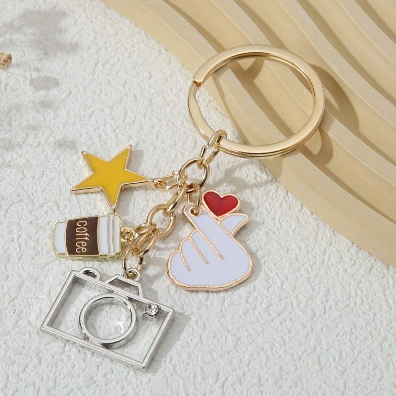 Kpop Finger Heart Love & Star Enamel Keychain Cute Key Ring Purse Bag  Backpack Car Key Charm Accessory Women Christmas Gift