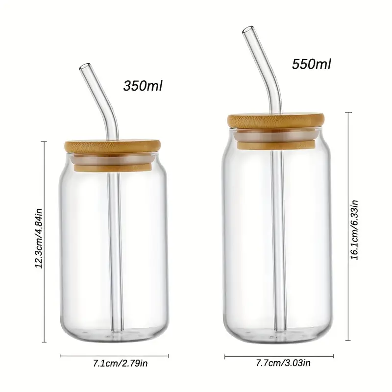 Transparent Can shape Glass Cups with Bamboo lid & Straw Ice Coffee Cup  Glass
