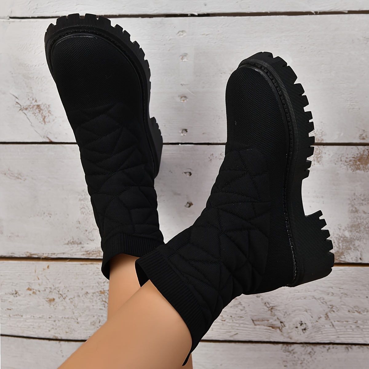 Women's Thick-soled Short Boots, Knitted Round Toe Socks Shoes - Temu