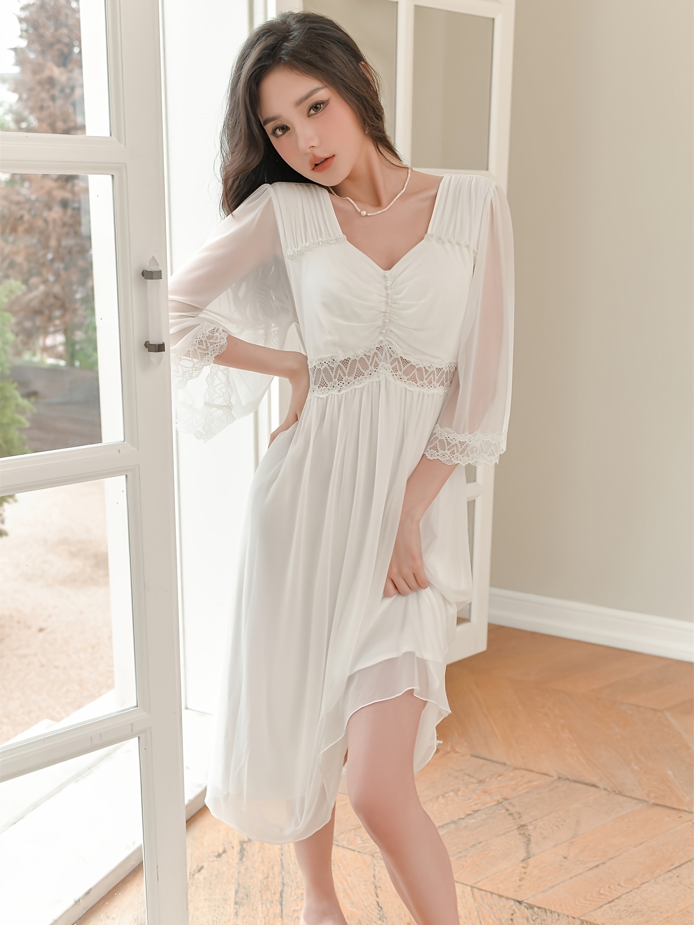 Long nightgown, see-through mesh, lace inlay