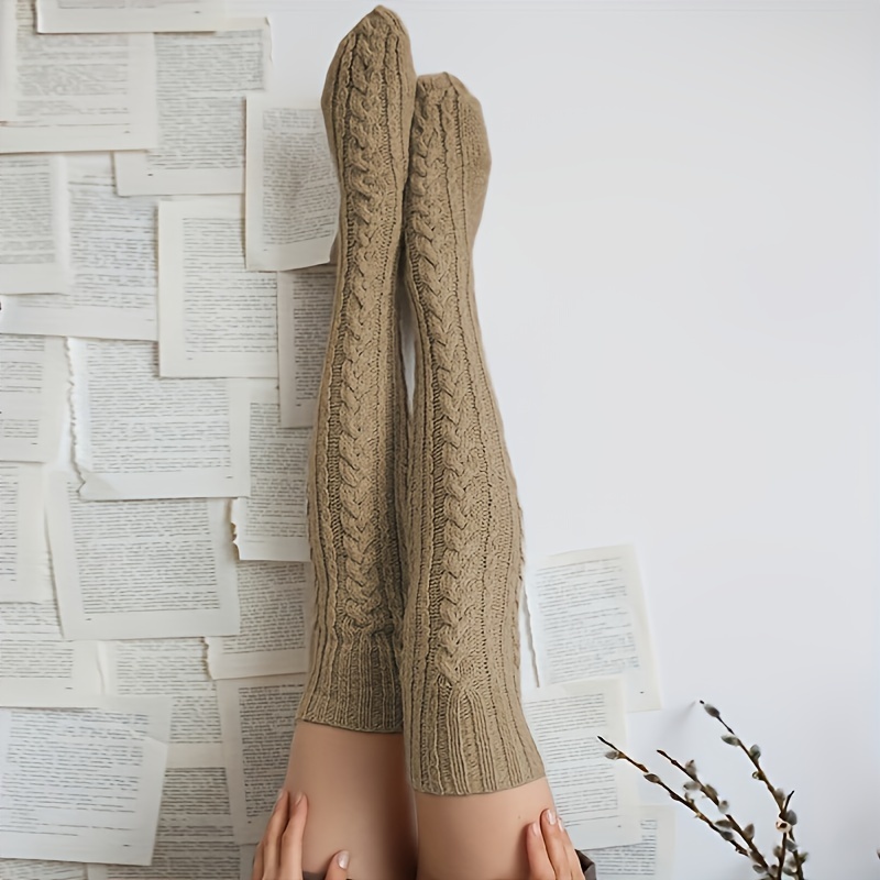 JYYYBF Women's Cable Knit Knee-High Winter Boot Socks Over Knee Thigh  Stocking Leg Warmers Long Thigh Leg Warmers Stocking Beige One Size 