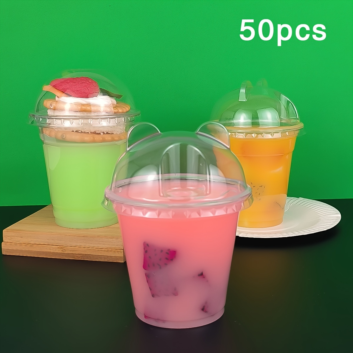 50pcs 9oz 10oz disposable plastic transparent cups with lids for festivals parties cold drinks desserts   supplies drinkware accessories details 0