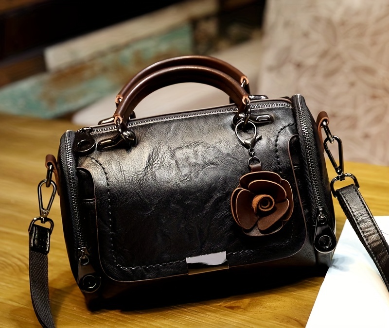 Vintage Top Handle Boston Bag, Retro Genuine Leather Crossbody Bag, Women's  Classic Handbag, Shoulder Bag & Purse - Temu