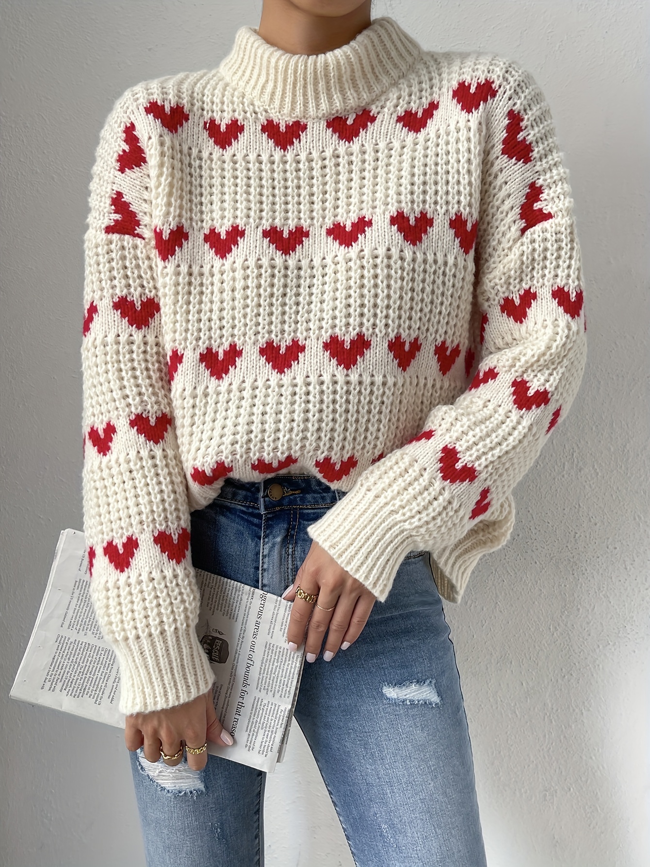 Heart Pattern-Knit Turtle-Neck Sweater