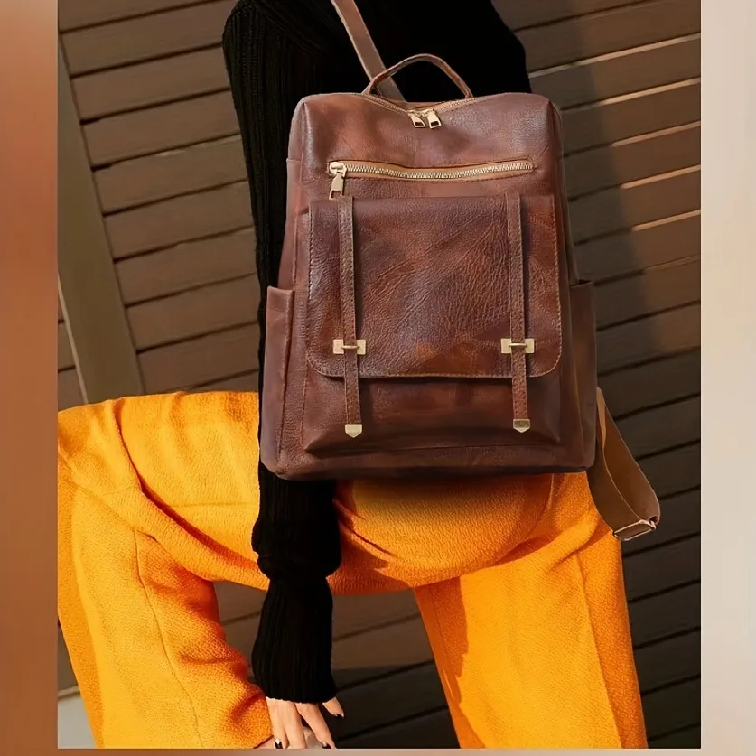 Brown Pu Leather Backpack, Waterproof Zipper Knapsack, Vintage Style Large  Capacity Schoolbag - Temu Germany