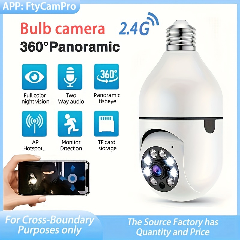 Cámara de seguridad de bombilla, bombilla de cámara panorámica 360, lámpara  de cámara inteligente con soporte ajustable, reflector y visión nocturna