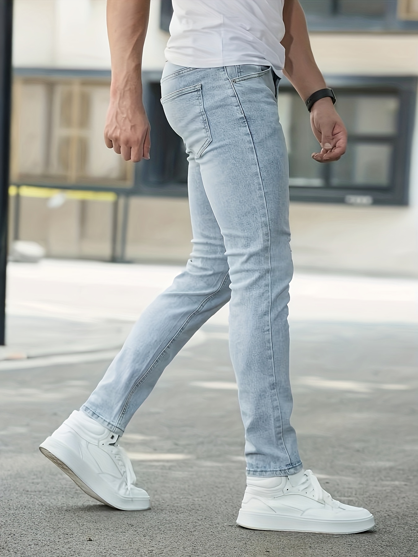 Slim Jeans, Men's Casual Street Style Medium Stretch Denim Pants With - Temu