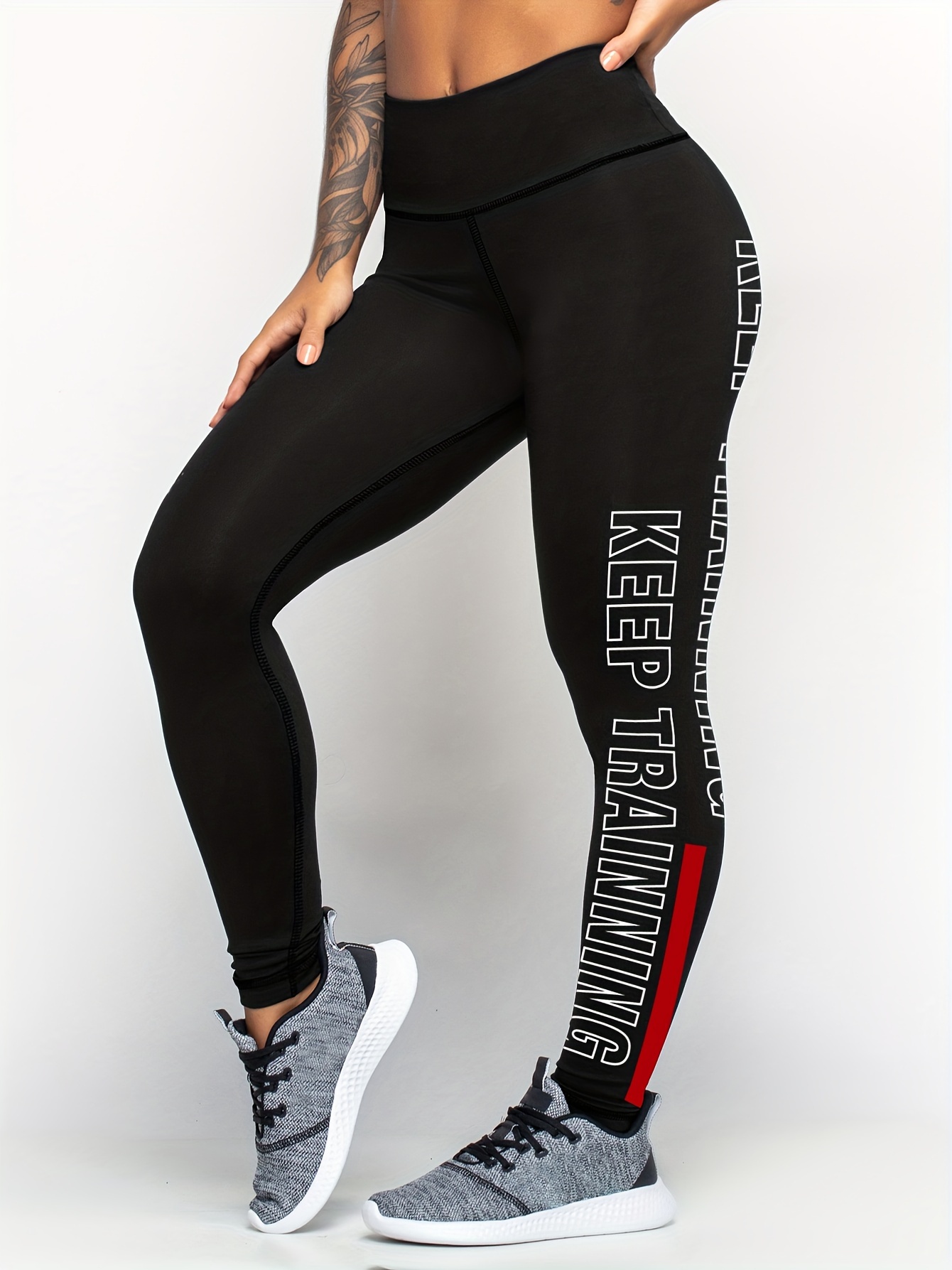 Letter Pattern Waist Sports Leggings High Stretch Running - Temu