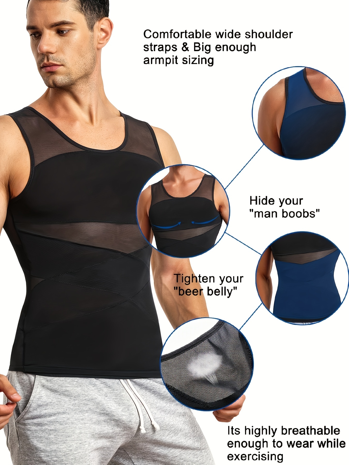 Odoland Men's Body Shaper Slimming Shirt Tummy Vest Thermal Compression  Base Layer Slim Muscle Short Sleeve Shapewear, White L