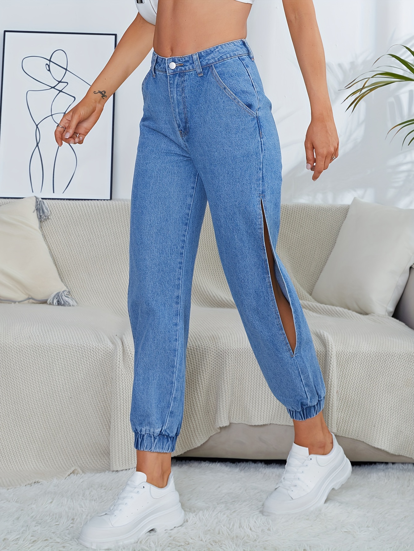 High Curvy Stacked Skinny Jeans Ripped Cut Knee Light - Temu Canada