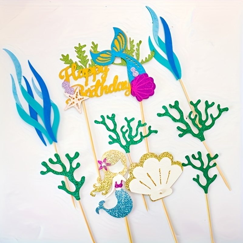 7pc Glitter Mermaid Birthday Cake Toppers with Seaweed and Mermaid,Cake  Cupcake Toppers for Girls Mermaid Themed Birthday Cake Party Decorations