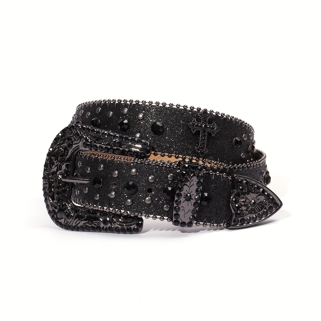 

Black Carved Buckle Glitter Belt Sparkling Rhinestone Inlaid Boho Pu Leather Belt Western Rivet Jeans Pants Belt For Women