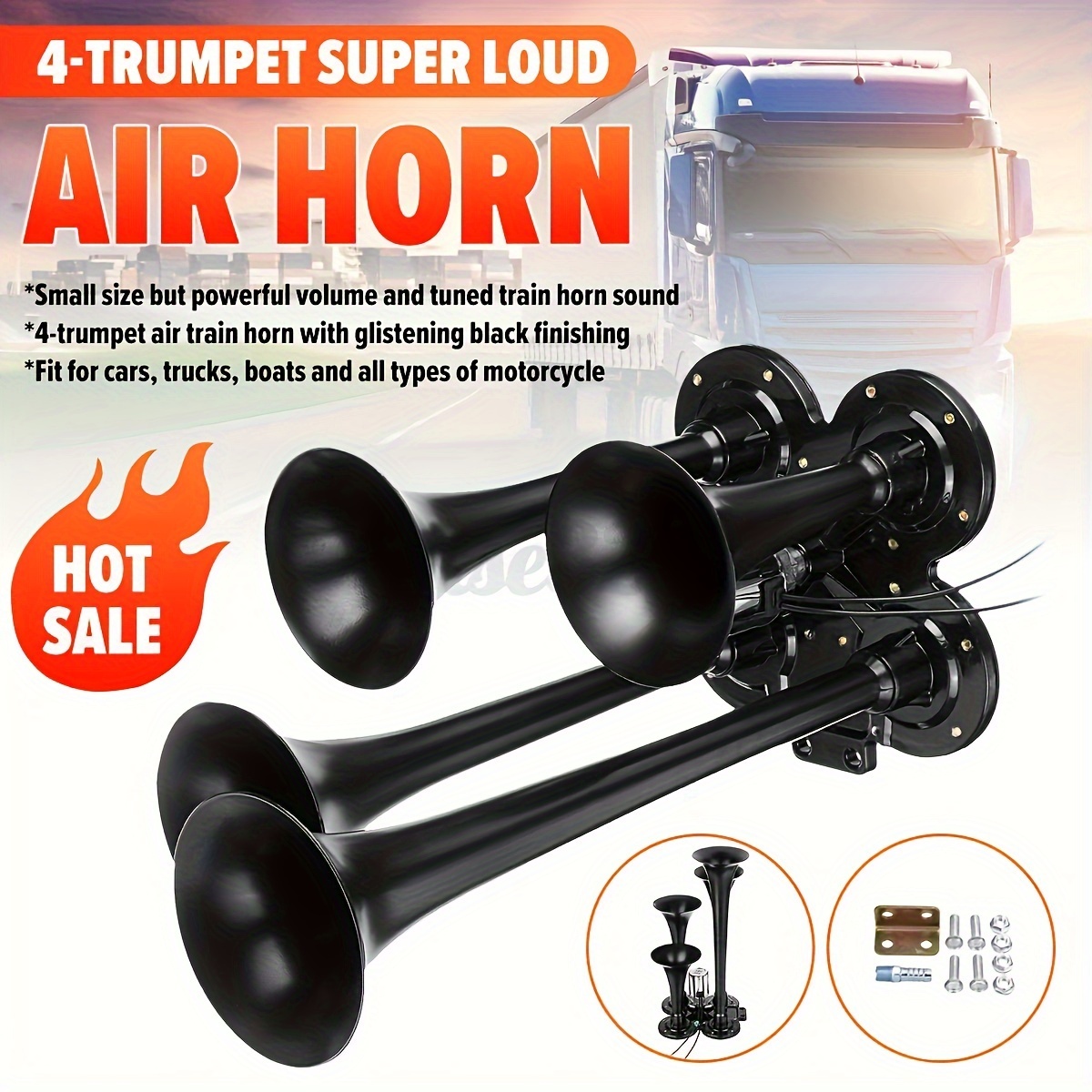 600DB Train Horn Super Loud 3 Trumpet Air Horn Kit For Semi Truck Boat Van  Car