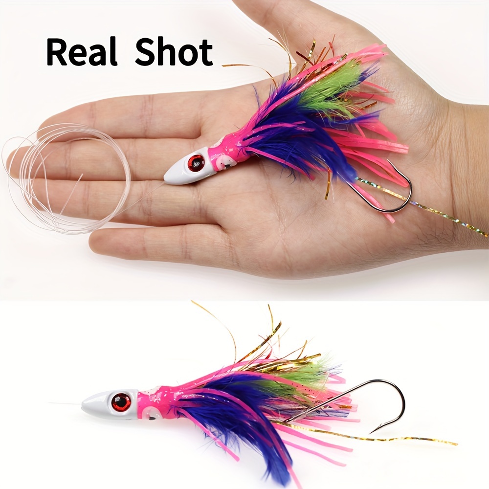 1/2pcs 3.9''/0.63oz Jig Head Squid Skirt Lure With Feather And Flash  Tinsel, Saltwater Fishing Trolling Octopus Lure