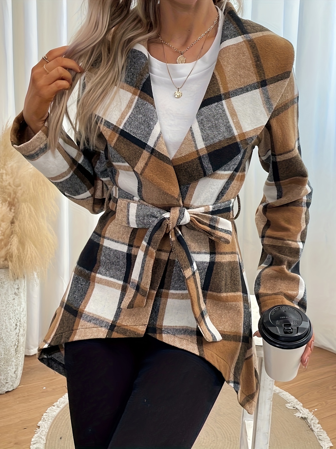 Plaid Print Asymmetrical Coat Casual Waterfall Collar Long Temu