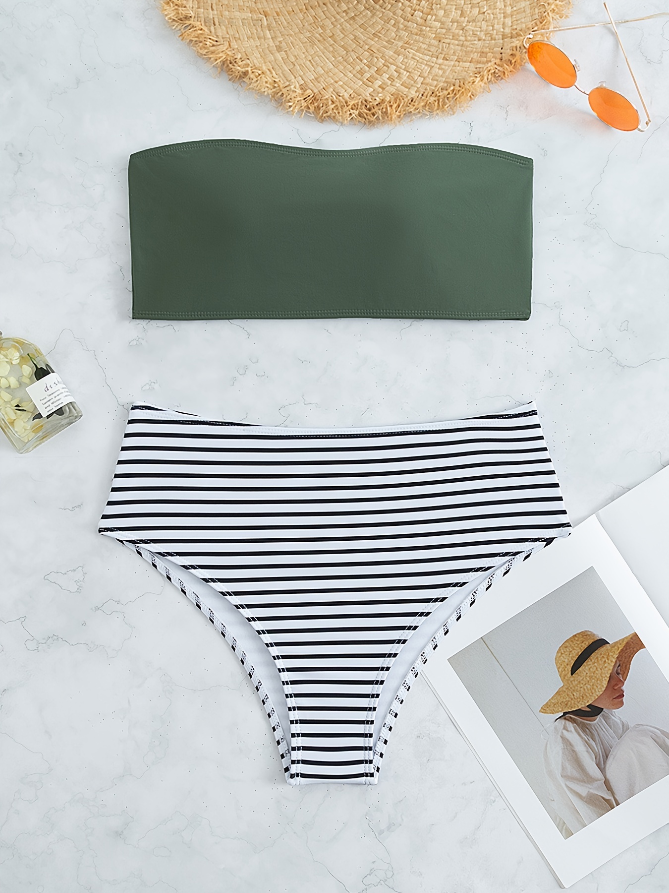 Striped Print Bandeau Two Piece Swimsuit, Army Green Strapless Tube Top,  High Rise Black & White Striped Bottom Bikini Sets, Women's Swimwear &  Clothi