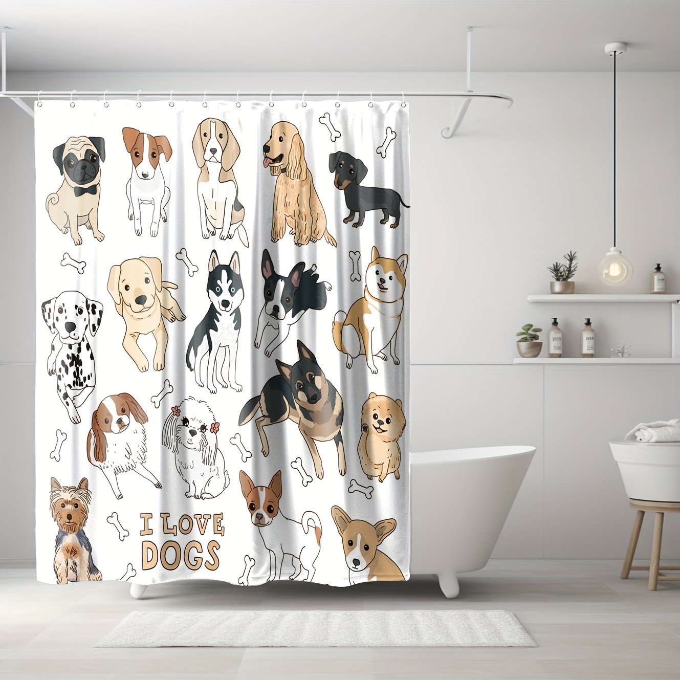 Bonita cortina de ducha con diseño de perros que llueve, divertida