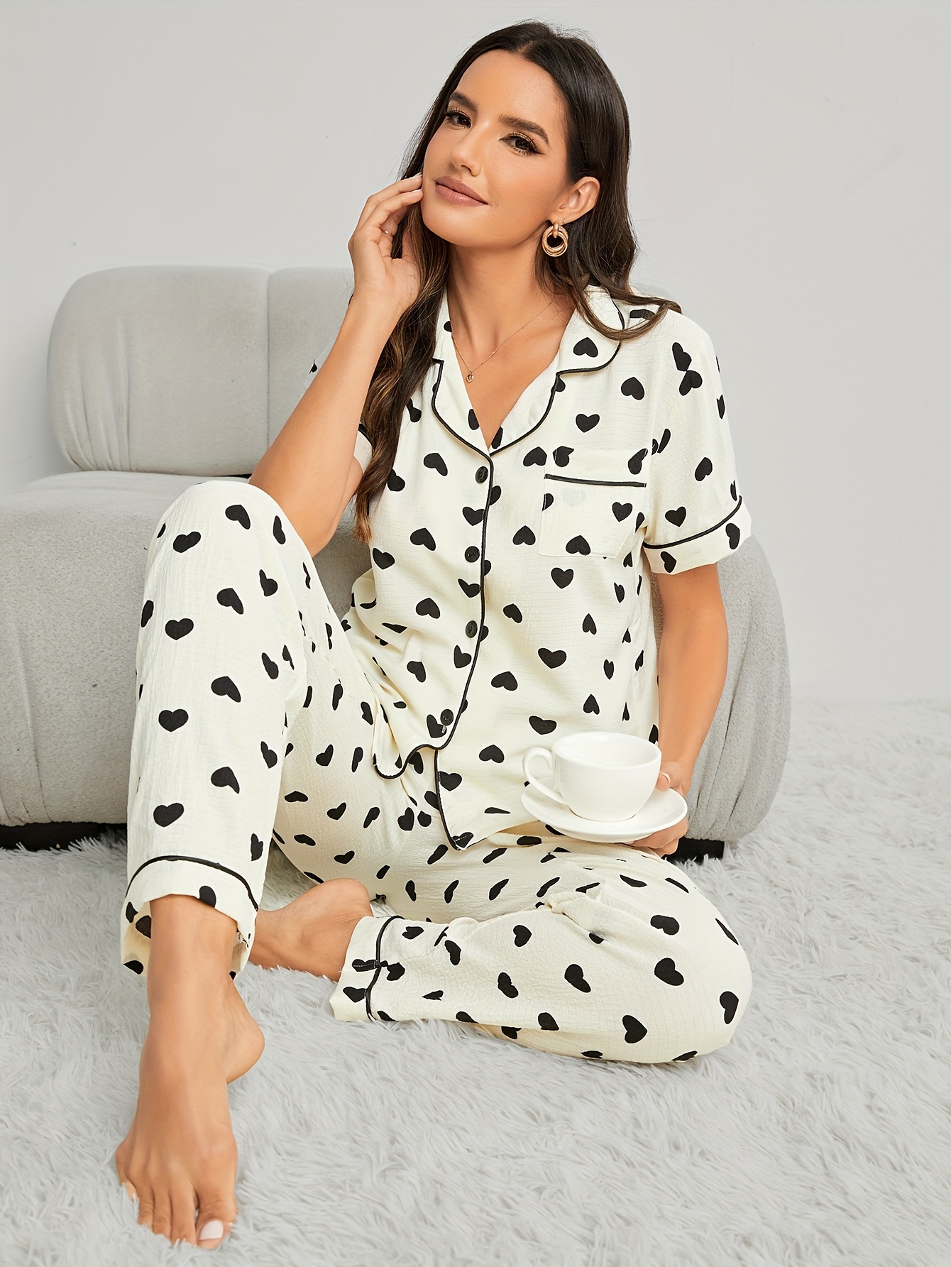 Ensemble De Pyjama Imprim C ur Pour La Saint Valentin Haut Manches Courtes Boutons Et Col Revers Et Pantalon lastique V tements De Nuit Et