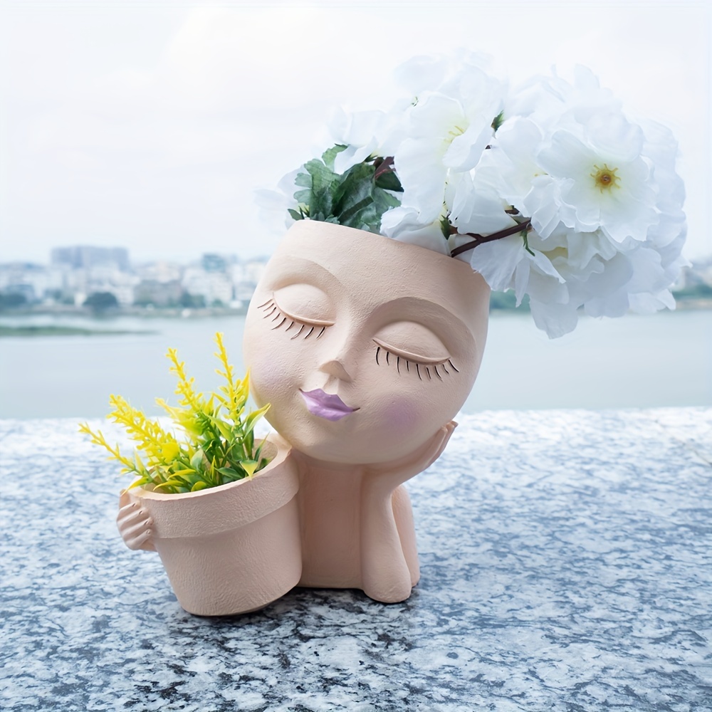 Pots de fleurs double en résine avec tête mignonne et trou de drainage pour  plantes d'intérieur et d'extérieur (blanc)