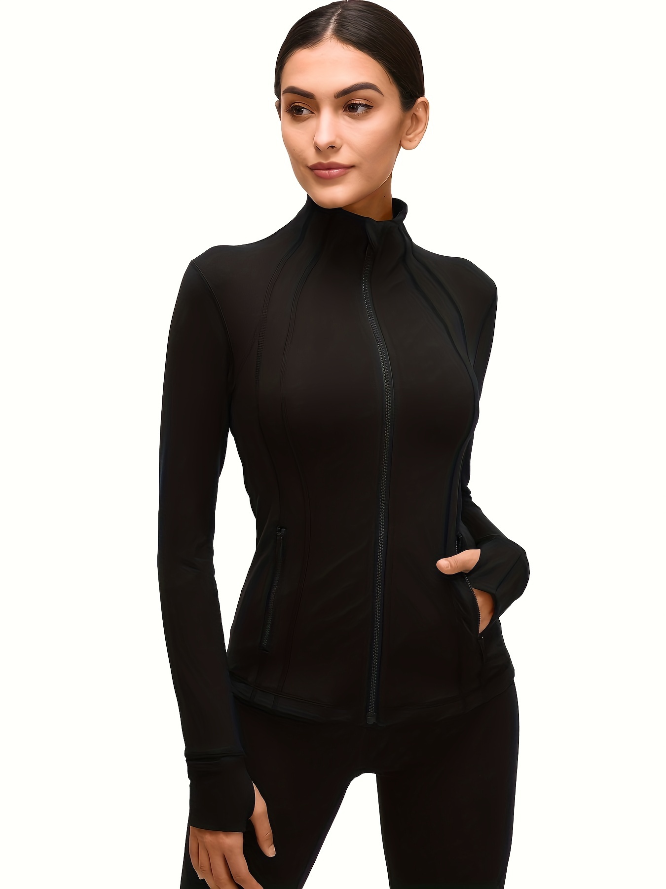 Women's Black Full zip Yoga Jacket Slim Fit Long Sleeve - Temu Canada