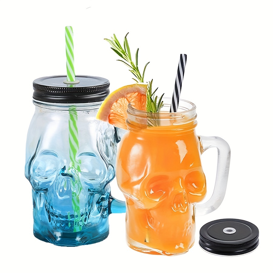 Skull Punk Style Glass Mason Jar With Handles Lid And Straw - Temu