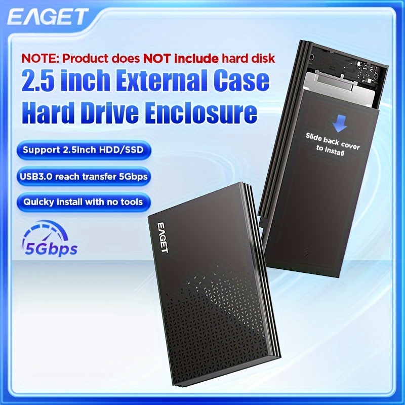 EAGET 2.5 Inch USB 3.0 SATA HDD Enclosure, Portable SATA To USB 3.0 Hard  Drive Reader For 2.5'' SSD HDD On Business Travel, Up To 6TB, Support UASP  External Hard Disk Box