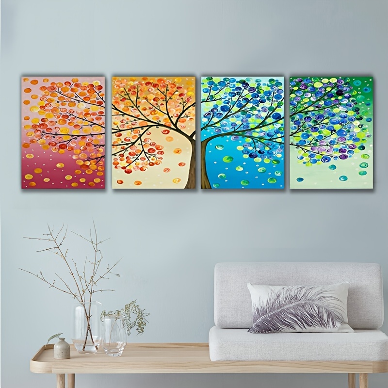 4pcs set Inkjet Oil Paintings Dreamy Colorful Big Trees And Falling Leaves Abstract Art Painting Living Room Office Wall Decoration No Frame
