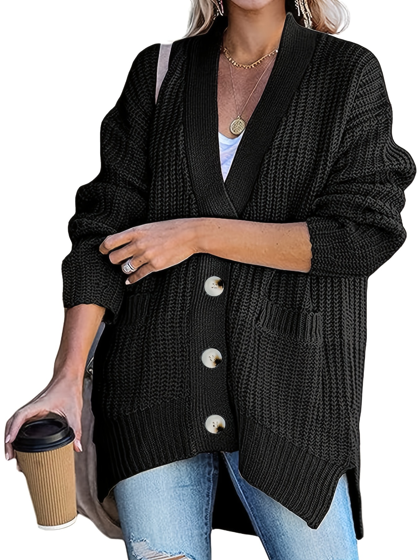 Casual Chunky Pocket Loose Cardigans Fashion Long Sleeve - Temu