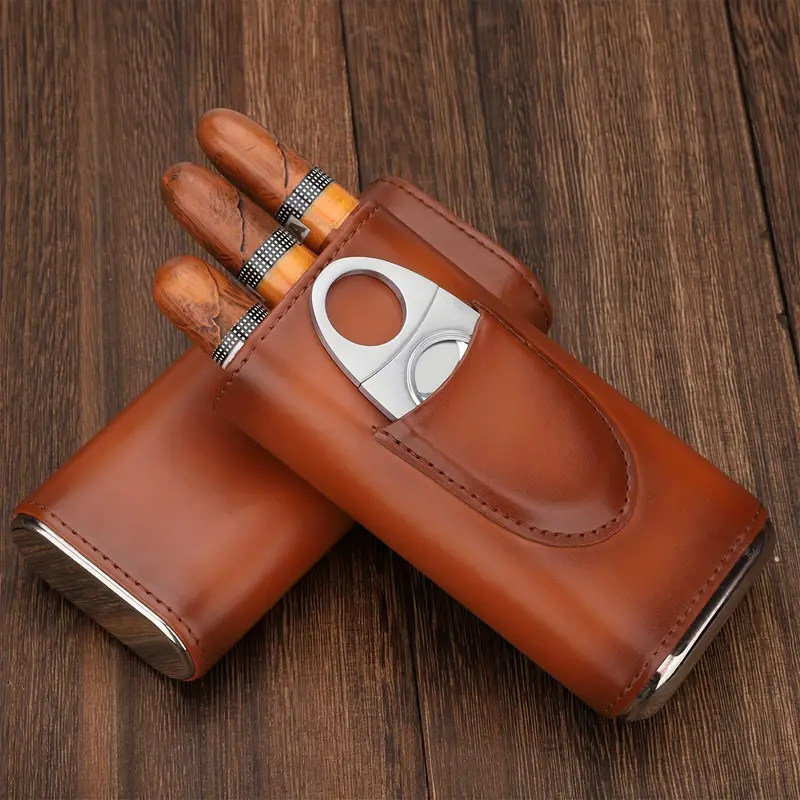 premium 3 finger brown leather cigar case with cedar wood lined humidor silvery stainless steel cutter details 5