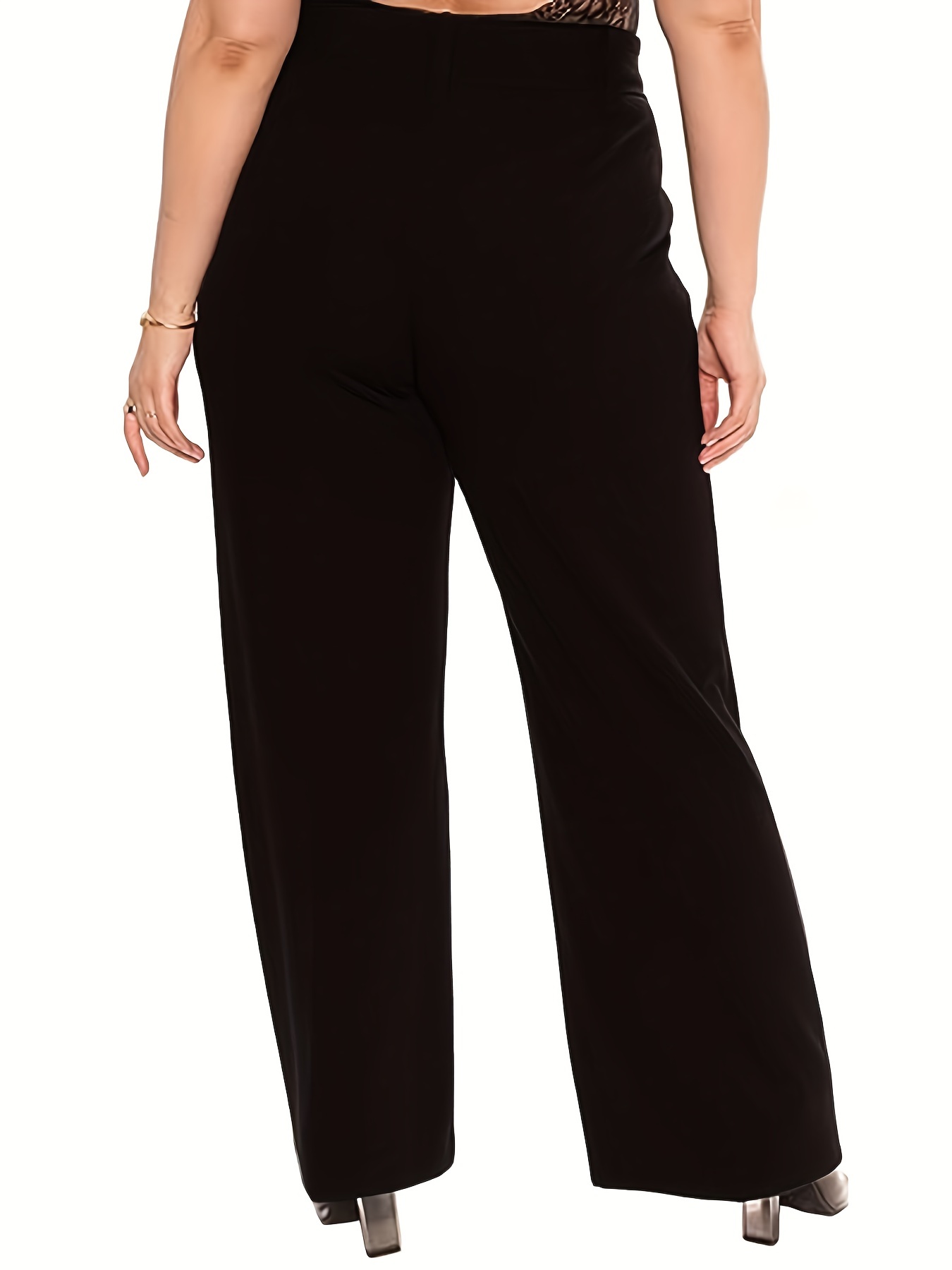 Plus Size Business Casual Pants, Women's Plus Solid Elastic High Rise  Medium Stretch Straight Leg Trousers With Pockets