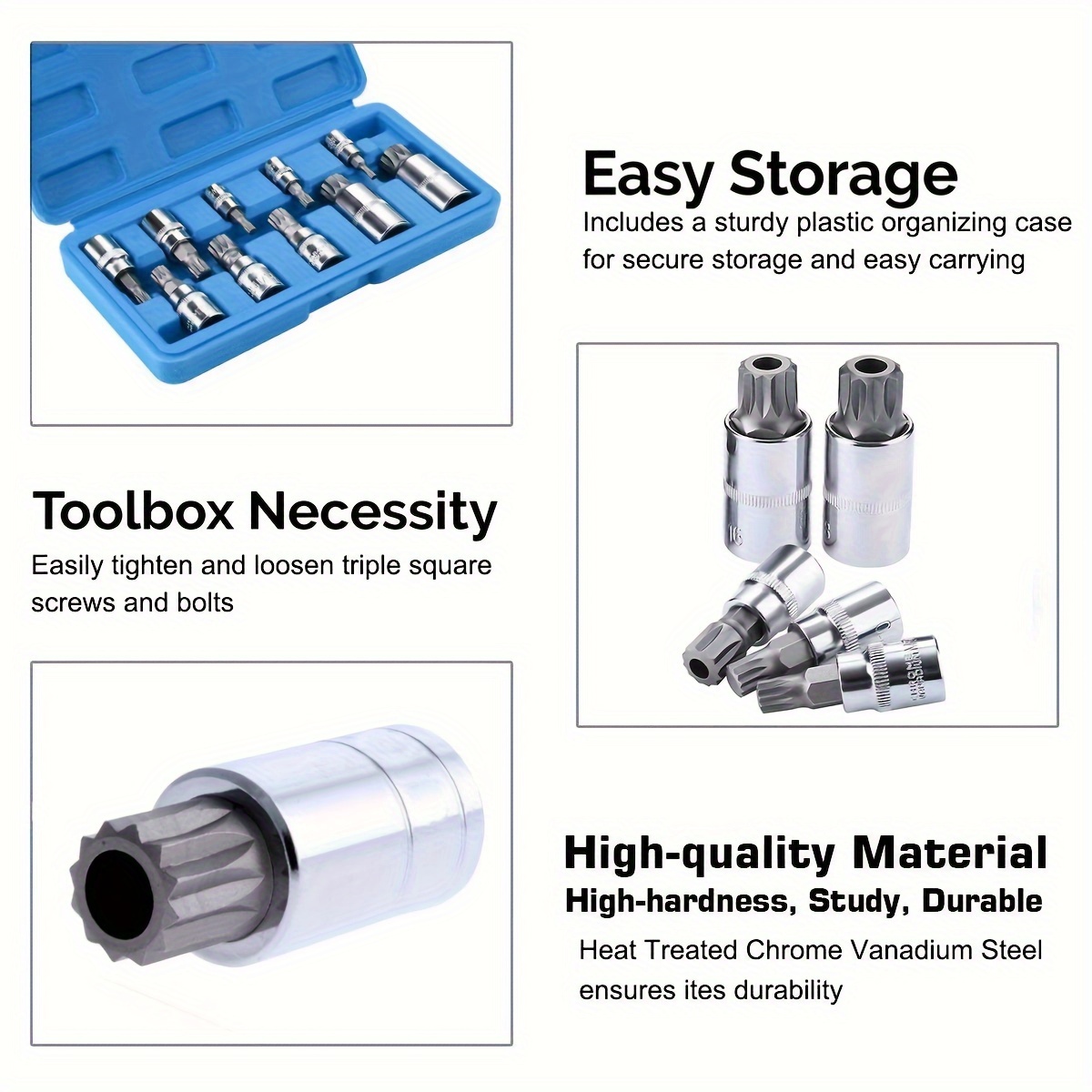 Steckschlüssel-Set 10-teilig – Splined Bit Stecknüsse M4-M18, 1/4", 3/8", 1/2" Antrieb, In Kunststoffbox