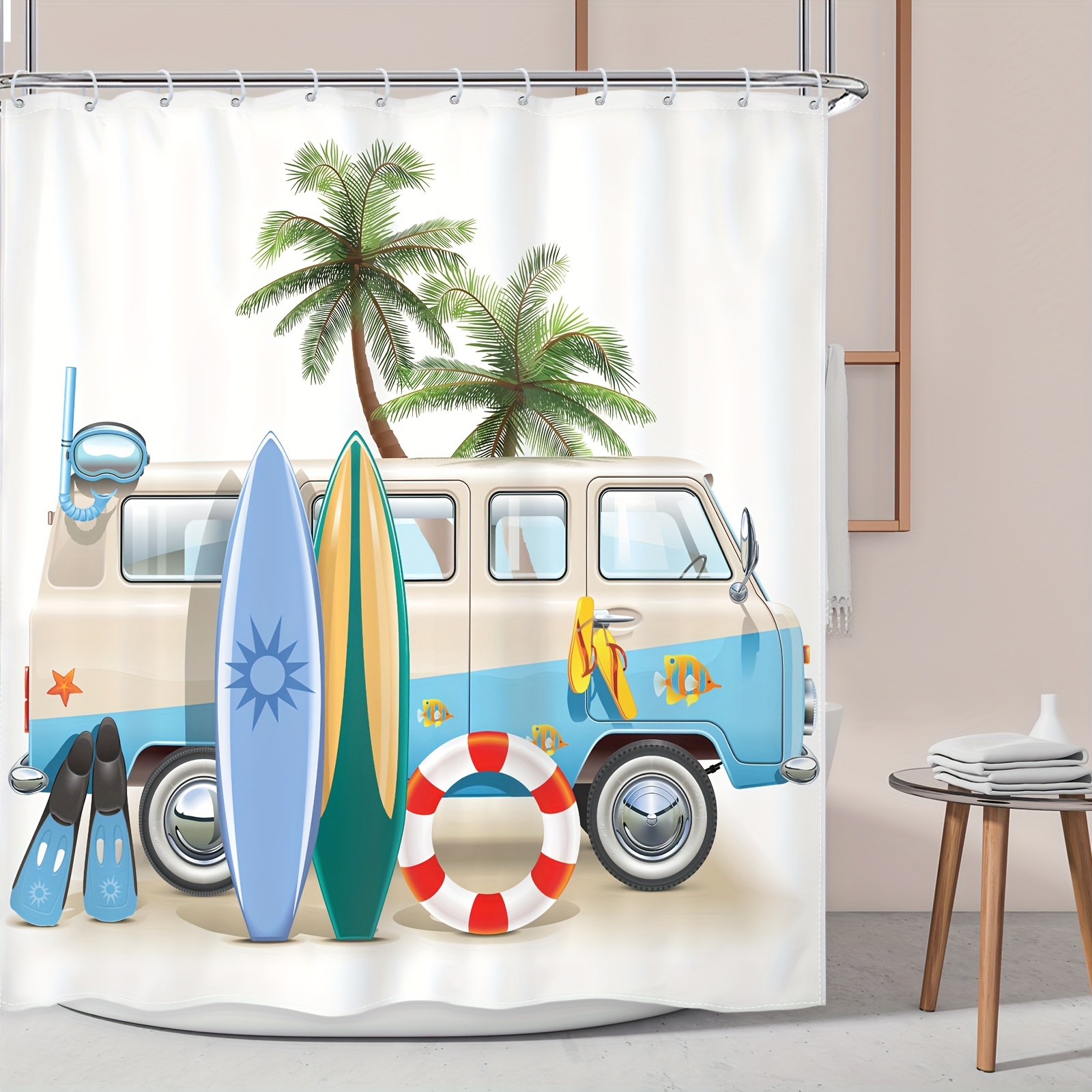Beach Coast Truck Shower Curtain *72h Inch Cartoon Surf Rv - Temu